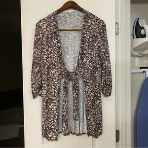 Cabi Womens Cardigan M 36” Brown & Cream Print Beaded Tie Front